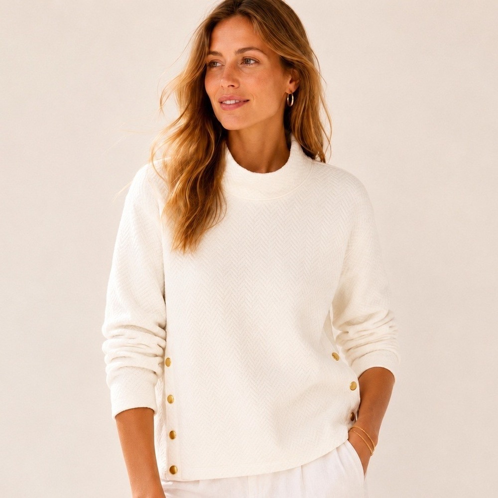 J. Crew Womens Quilted Mock Neck Sweater S Ivory Herringbone Minimalist Classic‎